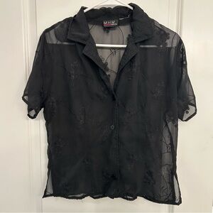90’s Black Sheer Blouse with Floral Embroidery
